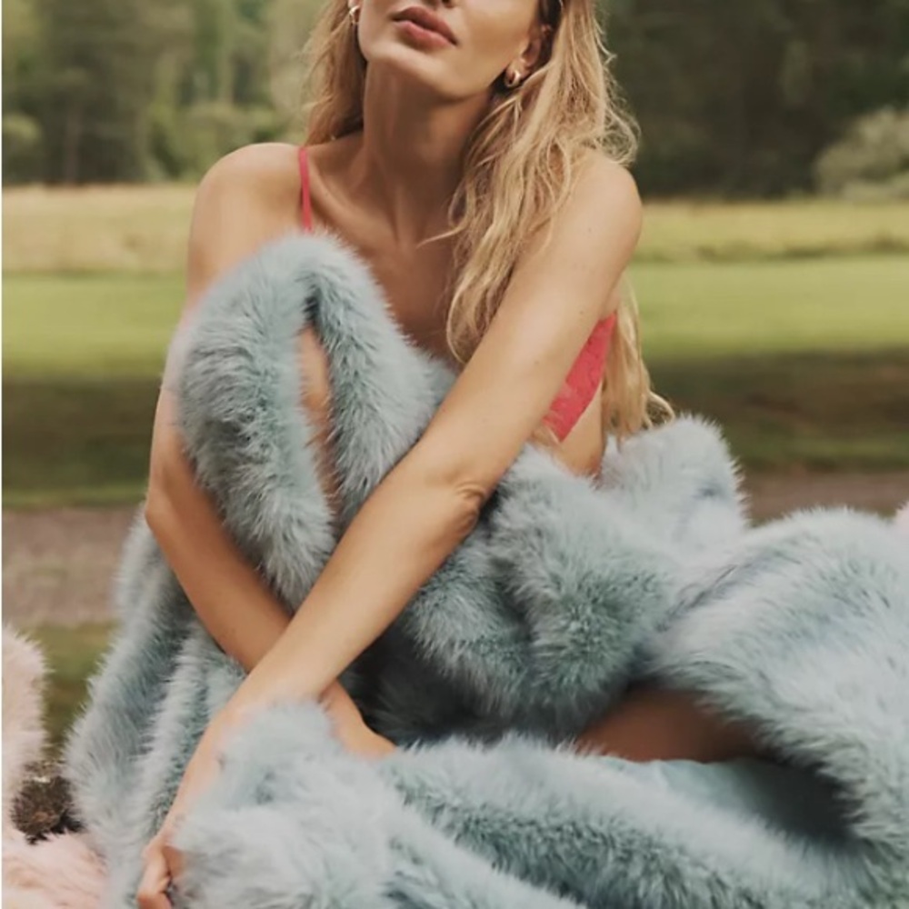 Anthropologie Plush Faux Fur Throw - Soft Blue